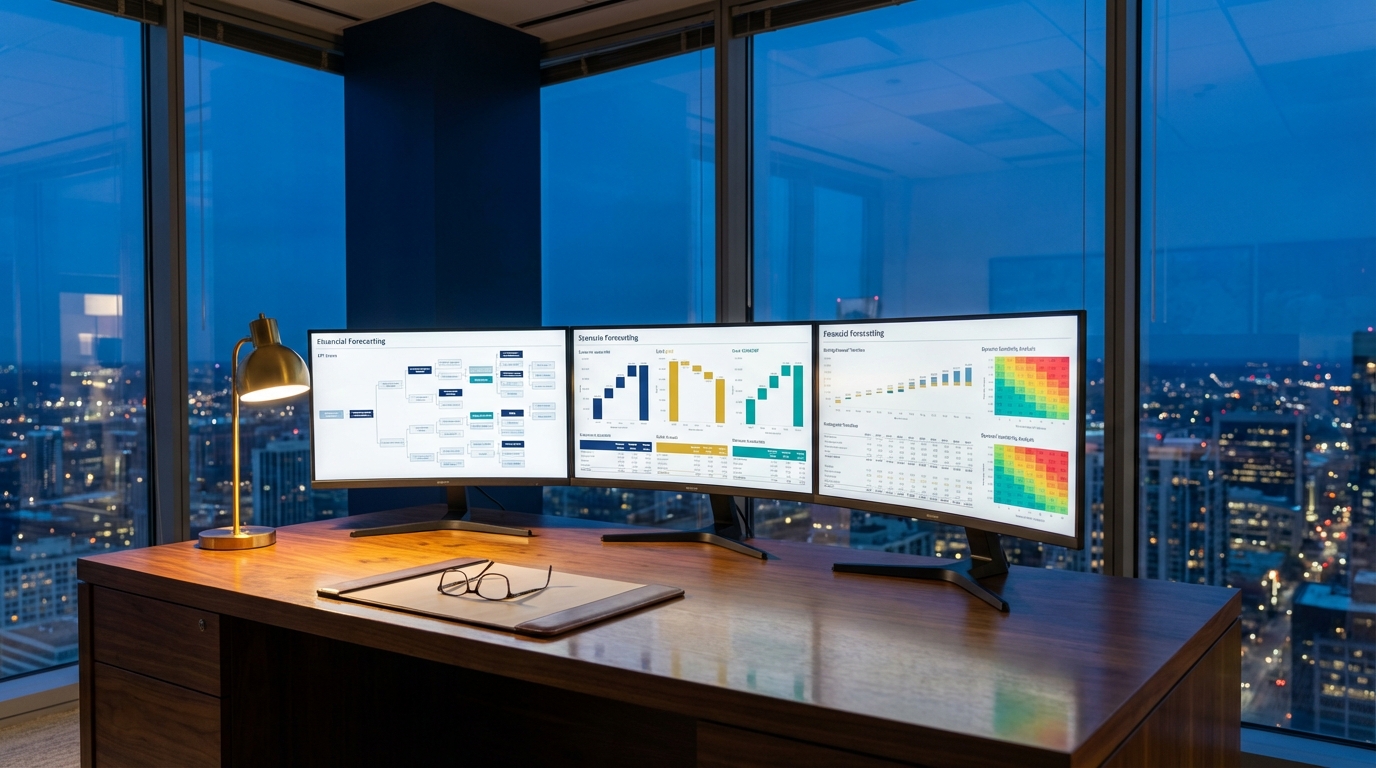 Modern CFO workspace with multiple monitors displaying sophisticated driver-based forecasting dashboards, scenario analysis, and rolling forecast visualizations