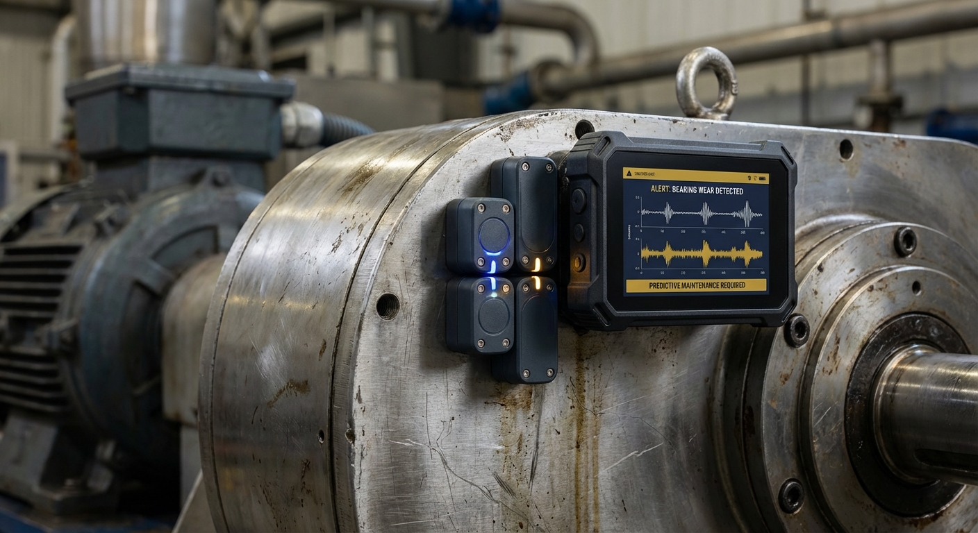 IoT vibration sensors and monitoring equipment attached to industrial machinery with real-time predictive maintenance alerts