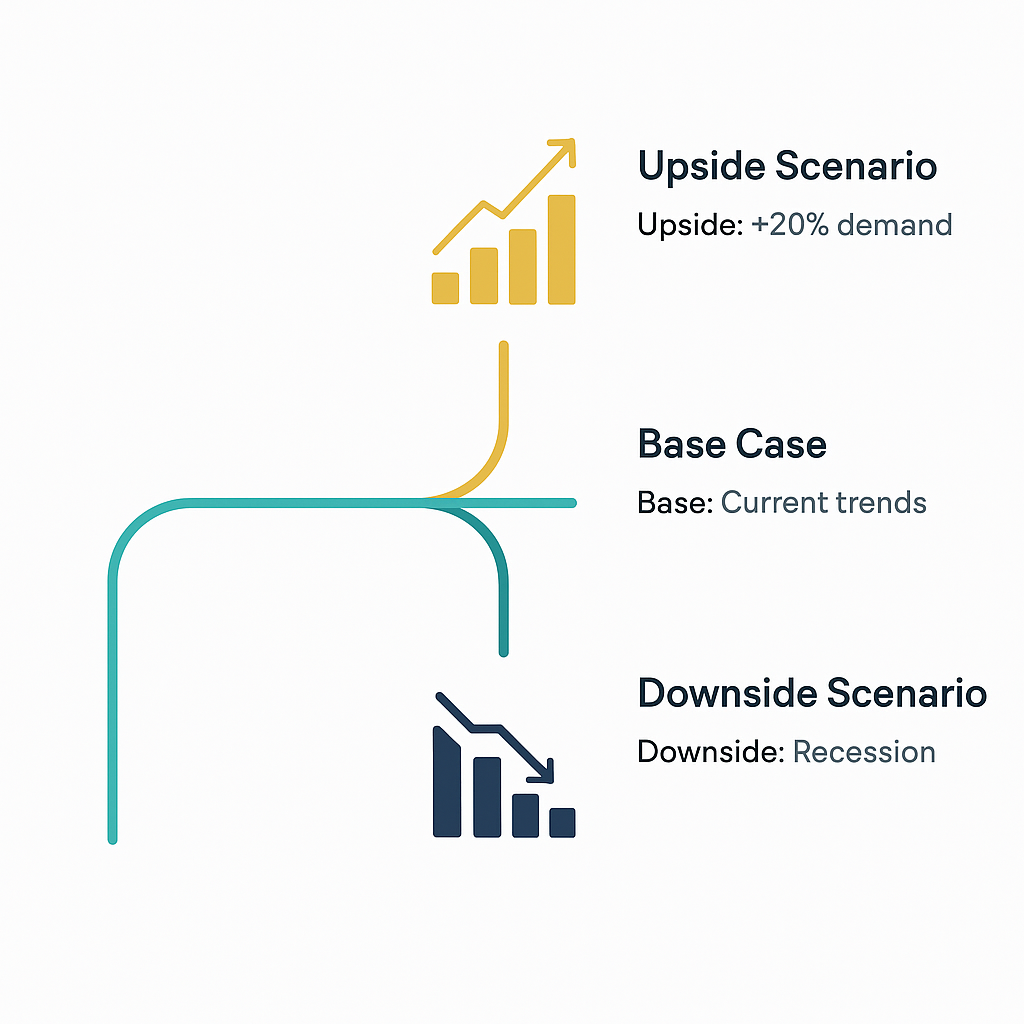 Three-scenario financial forecasting framework showing Base Case, Upside, and Downside scenarios with different revenue projections