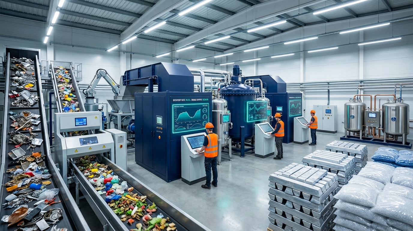 Modern waste-to-value facility showing automated sorting of industrial waste materials on conveyors transforming into clean sorted materials ready for remanufacturing